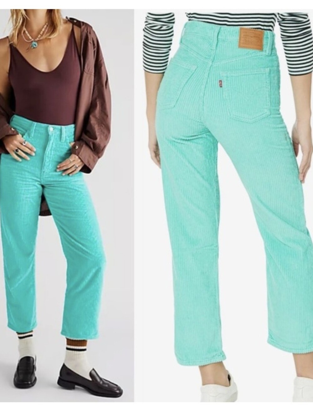 Levis Ribcage Straight Ankle Corduroy Green Cropped Crop Wide Wale Pants Size 26
